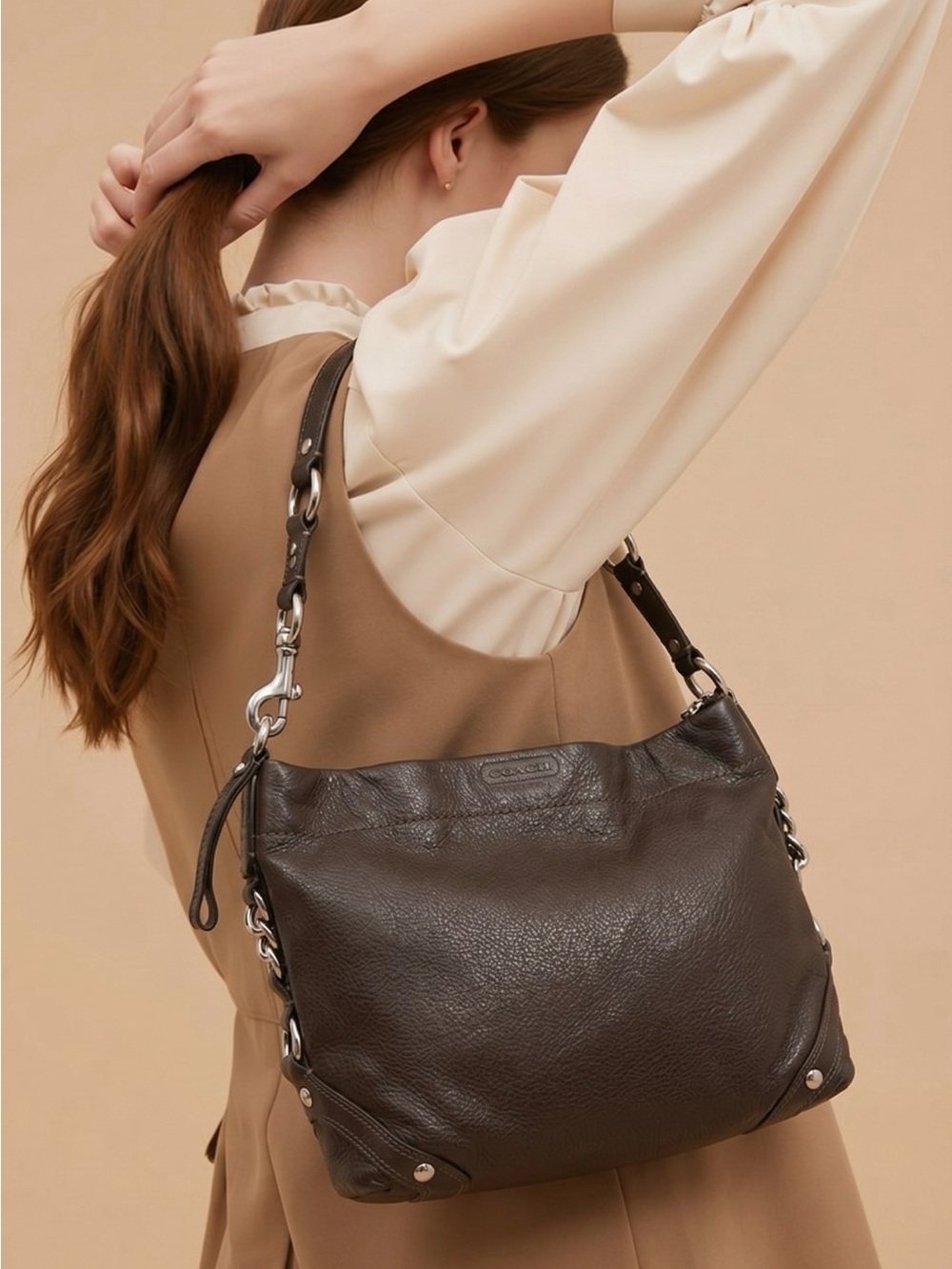 Coach Brown Pebbled Leather Shoulder Bag - Picture 3 of 9